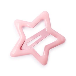 Photo of One pink star shaped hair clip isolated on white, top view