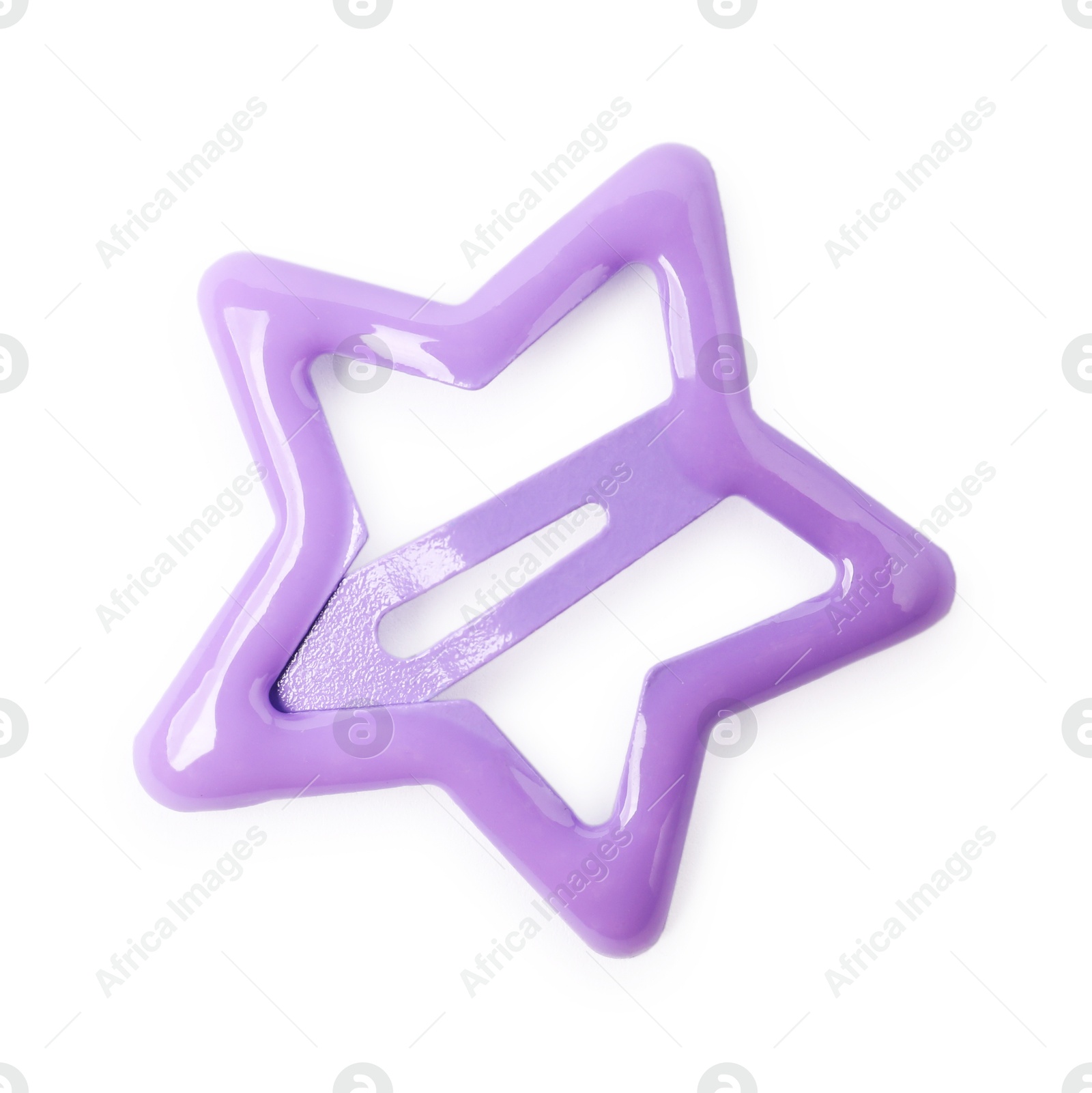 Photo of One violet star shaped hair clip isolated on white, top view