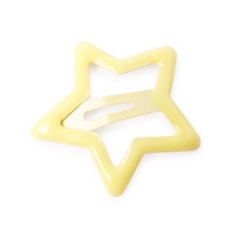 Photo of One yellow star shaped hair clip isolated on white, top view