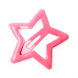 Photo of One pink star shaped hair clip isolated on white, top view