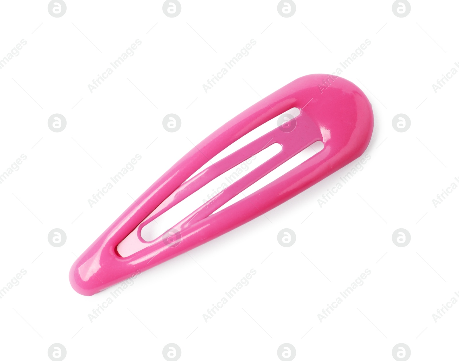 Photo of One pink hair clip isolated on white, top view