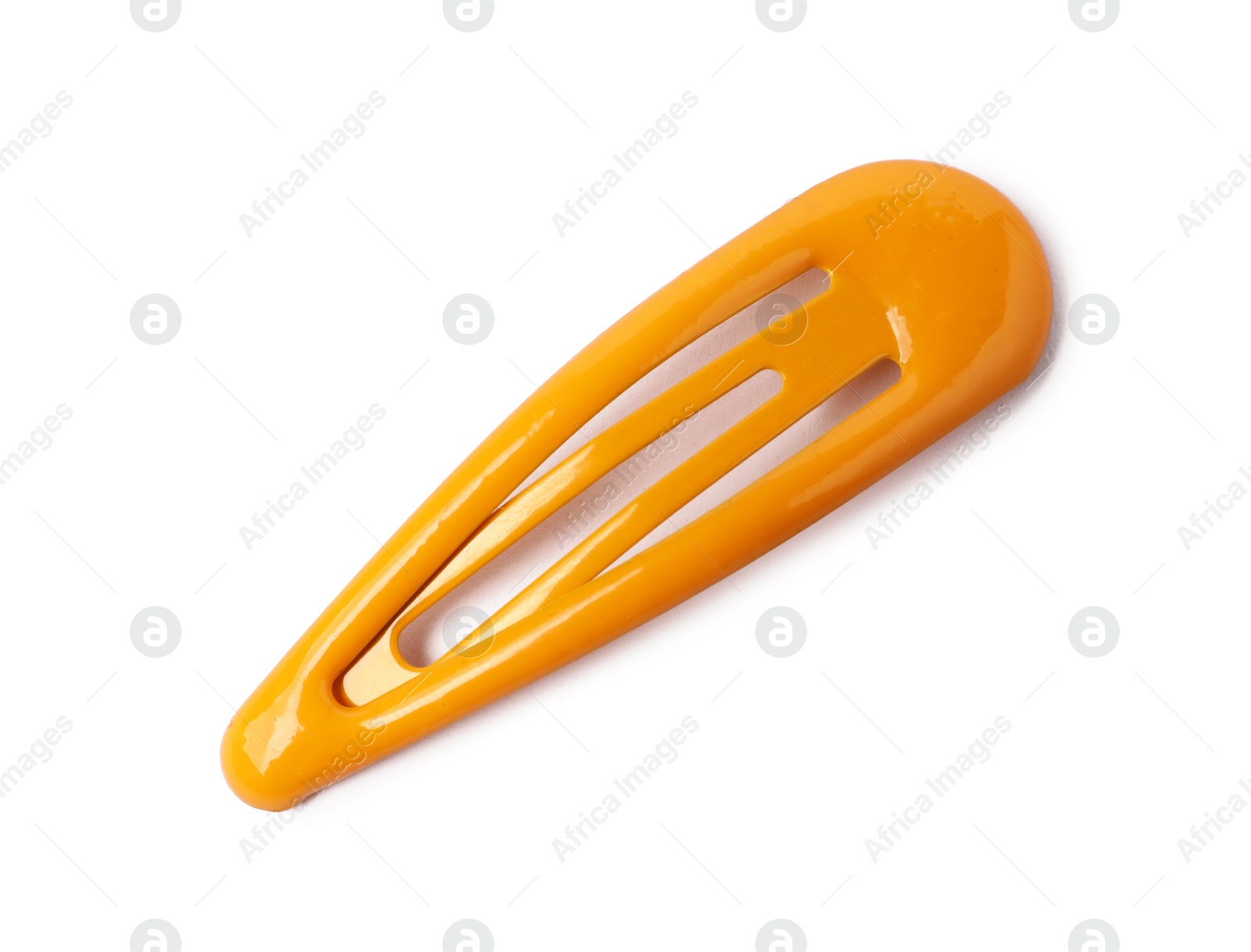 Photo of One orange hair clip isolated on white, top view