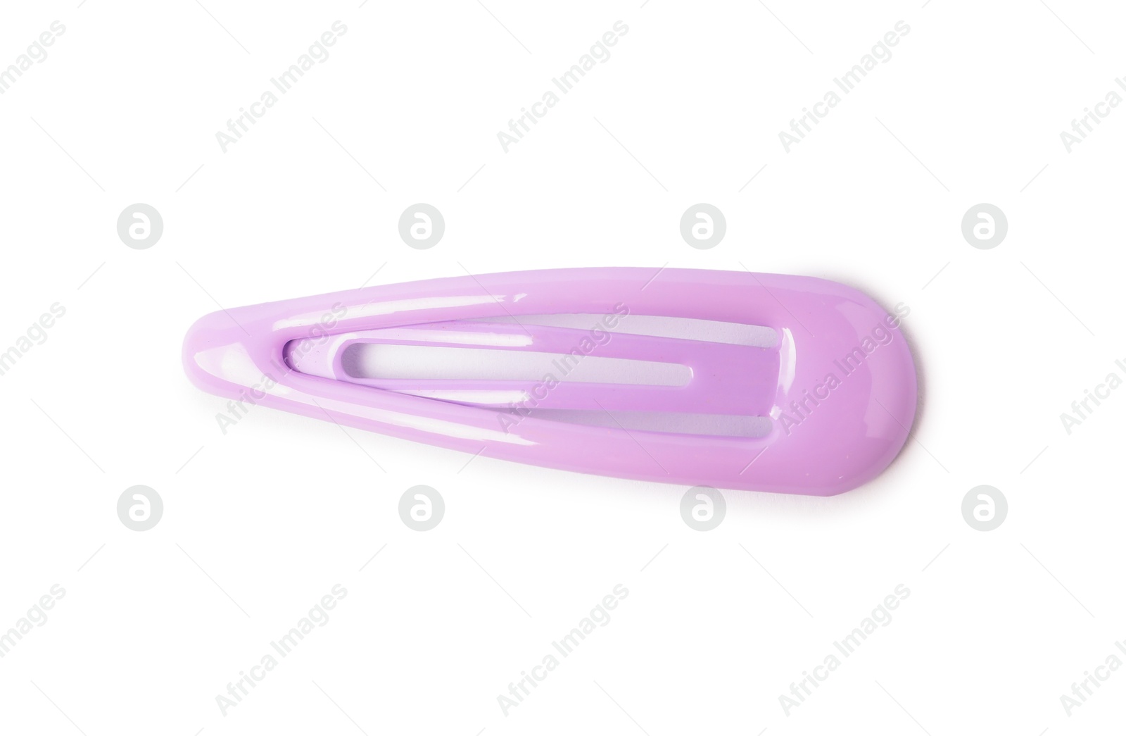 Photo of One lilac hair clip isolated on white, top view