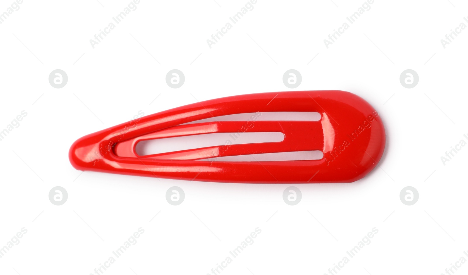 Photo of One red hair clip isolated on white, top view