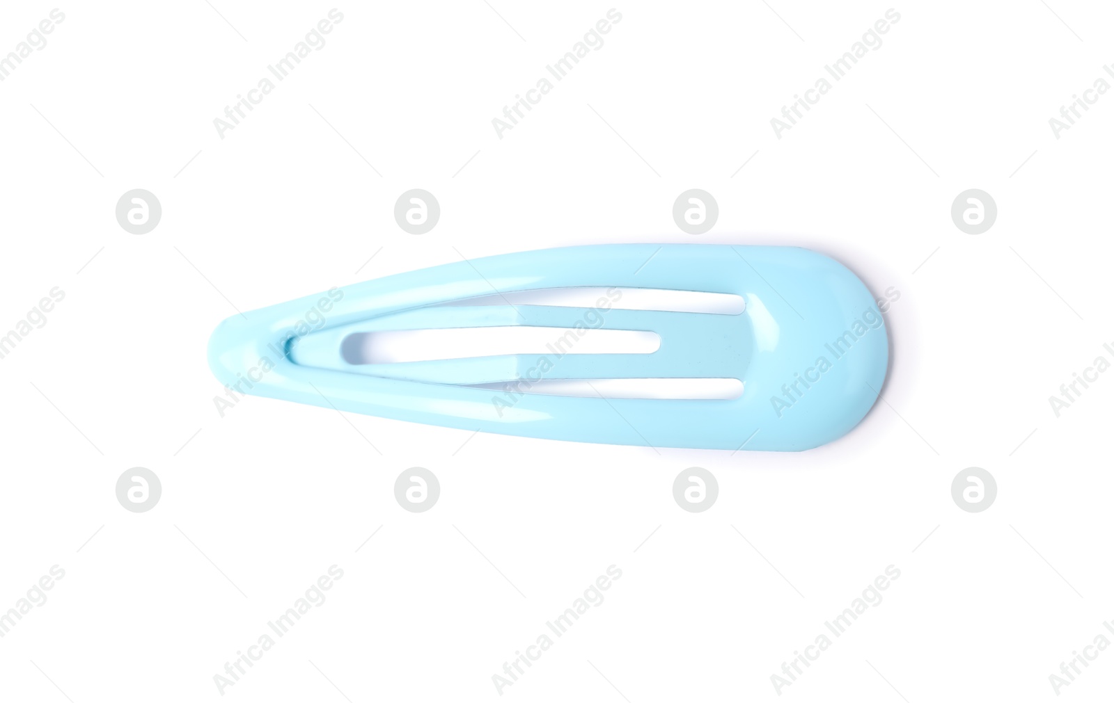 Photo of One blue hair clip isolated on white, top view