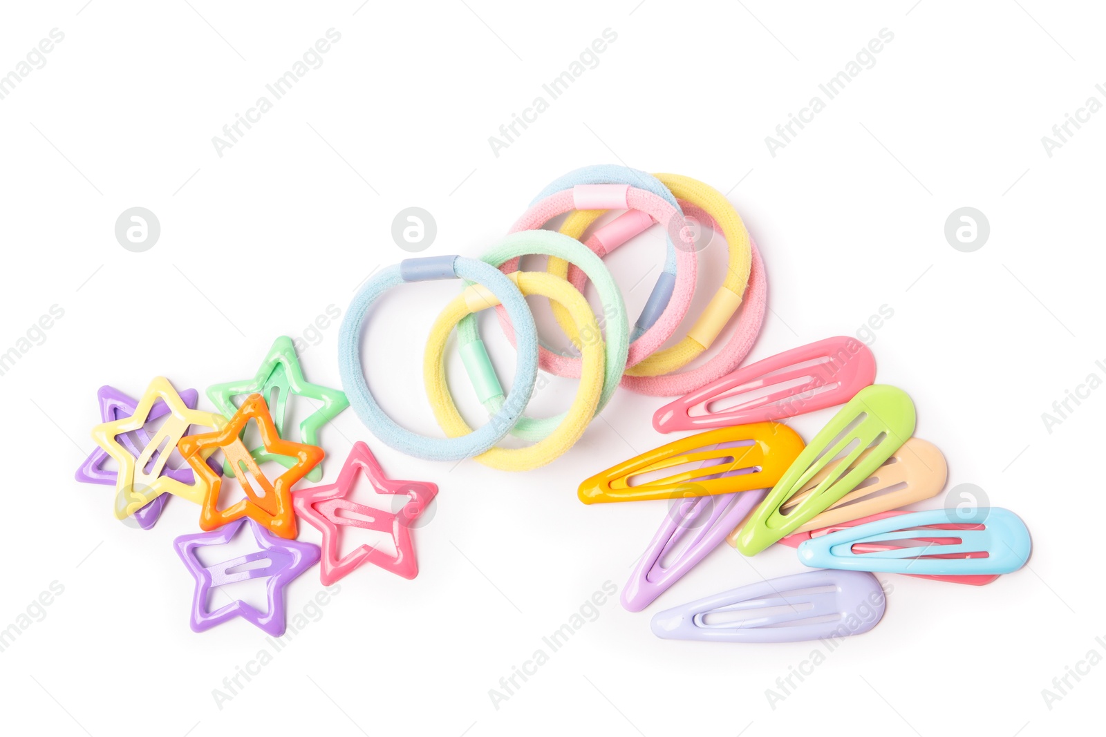 Photo of Colorful cute hair accessories isolated on white, top view