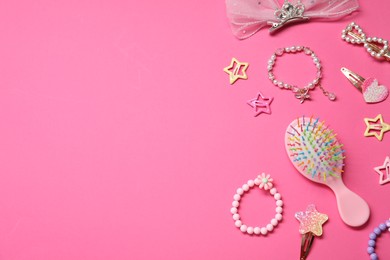 Photo of Cute hair accessories on pink background, flat lay. Space for text