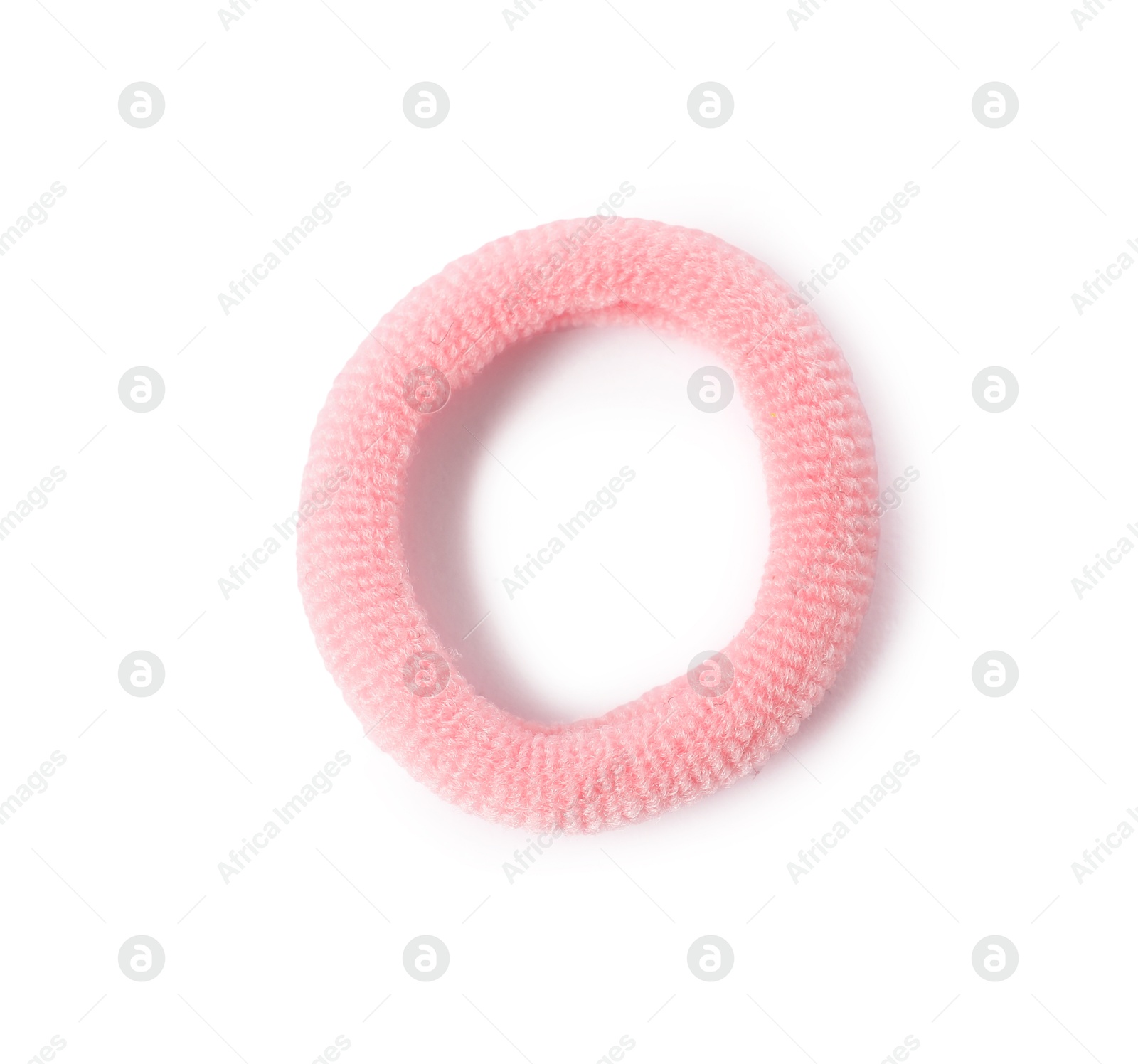 Photo of One pink hair tie isolated on white, top view