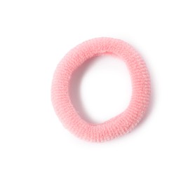 Photo of One pink hair tie isolated on white, top view