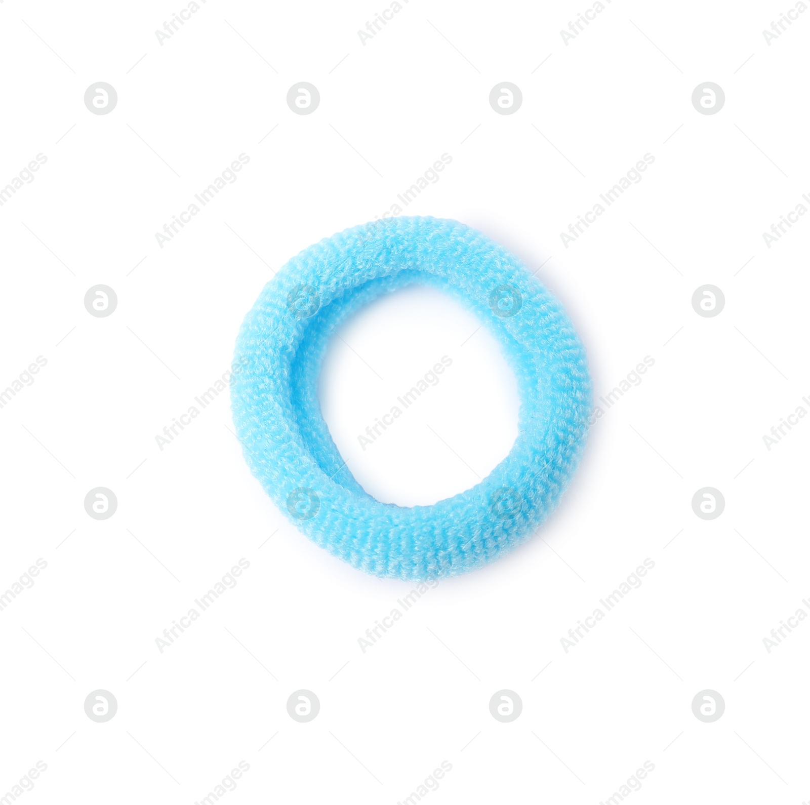 Photo of One blue hair tie isolated on white, top view