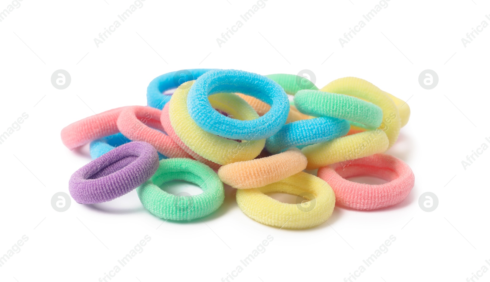 Photo of Many colorful hair ties isolated on white