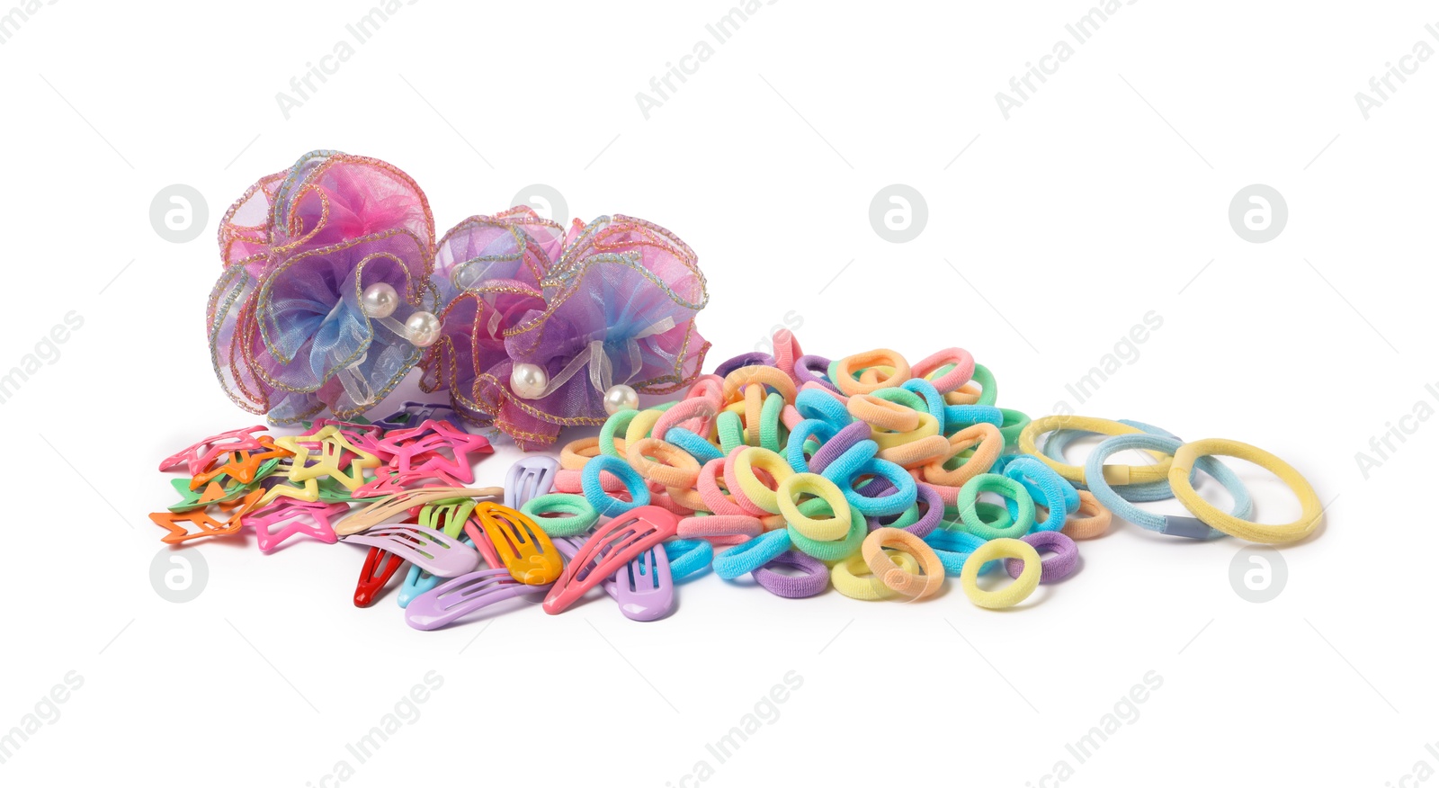 Photo of Colorful cute hair accessories isolated on white