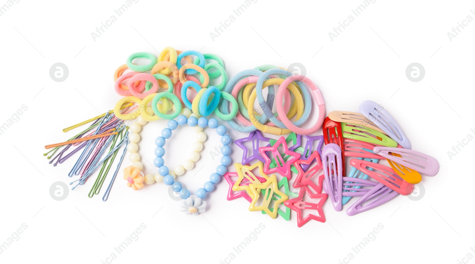 Photo of Colorful cute hair accessories isolated on white, top view