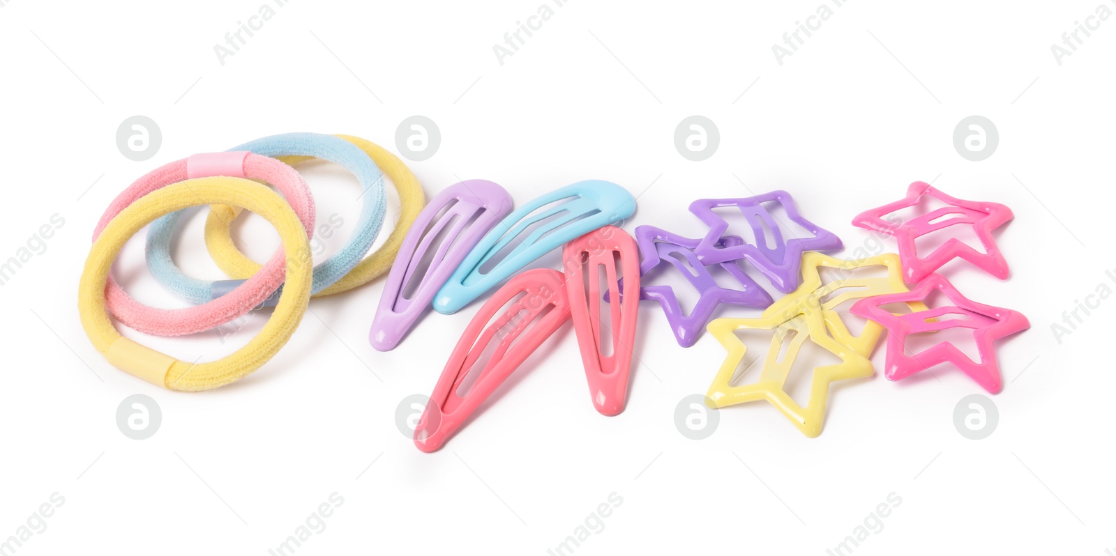 Photo of Colorful cute hair accessories isolated on white