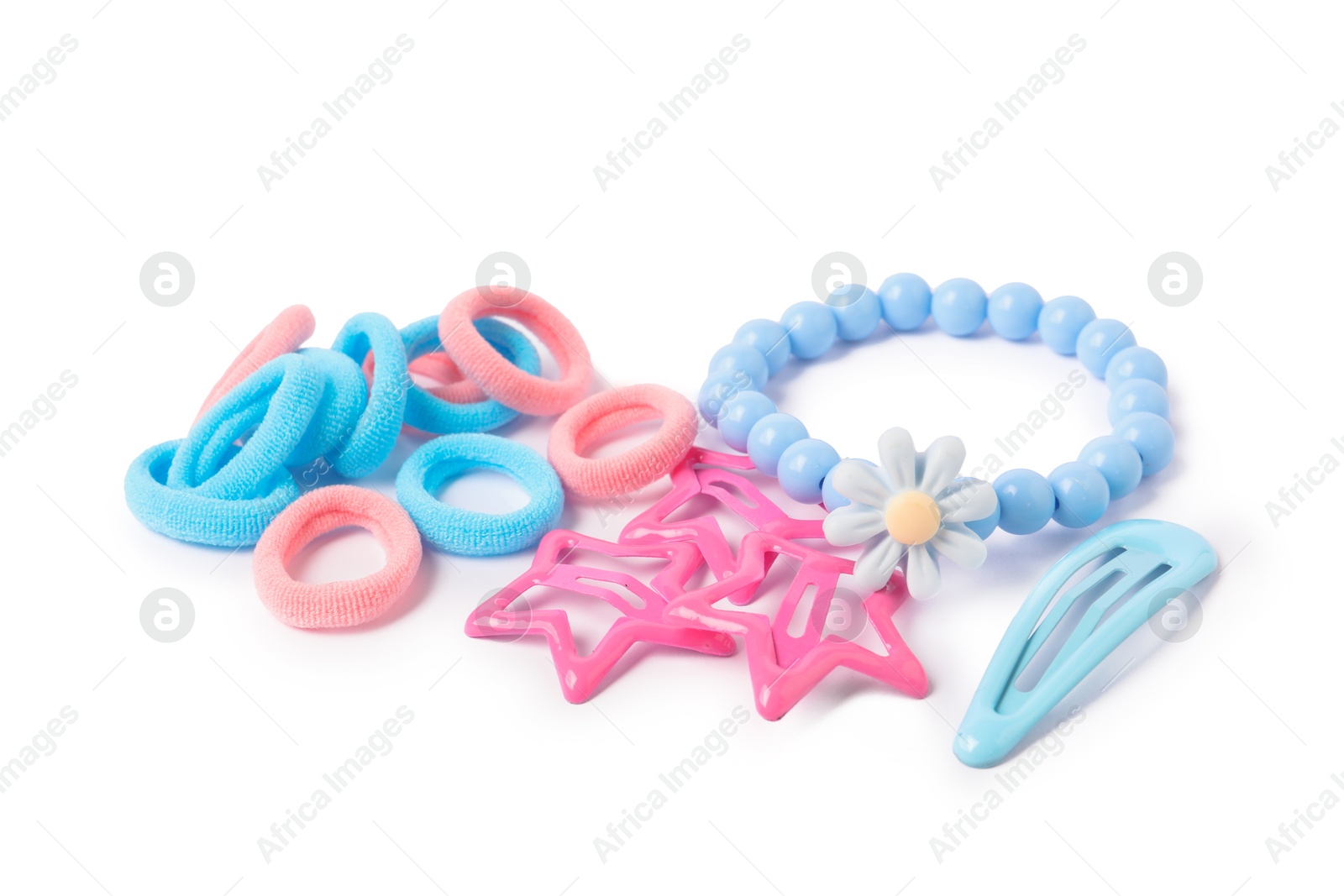 Photo of Colorful cute hair accessories isolated on white