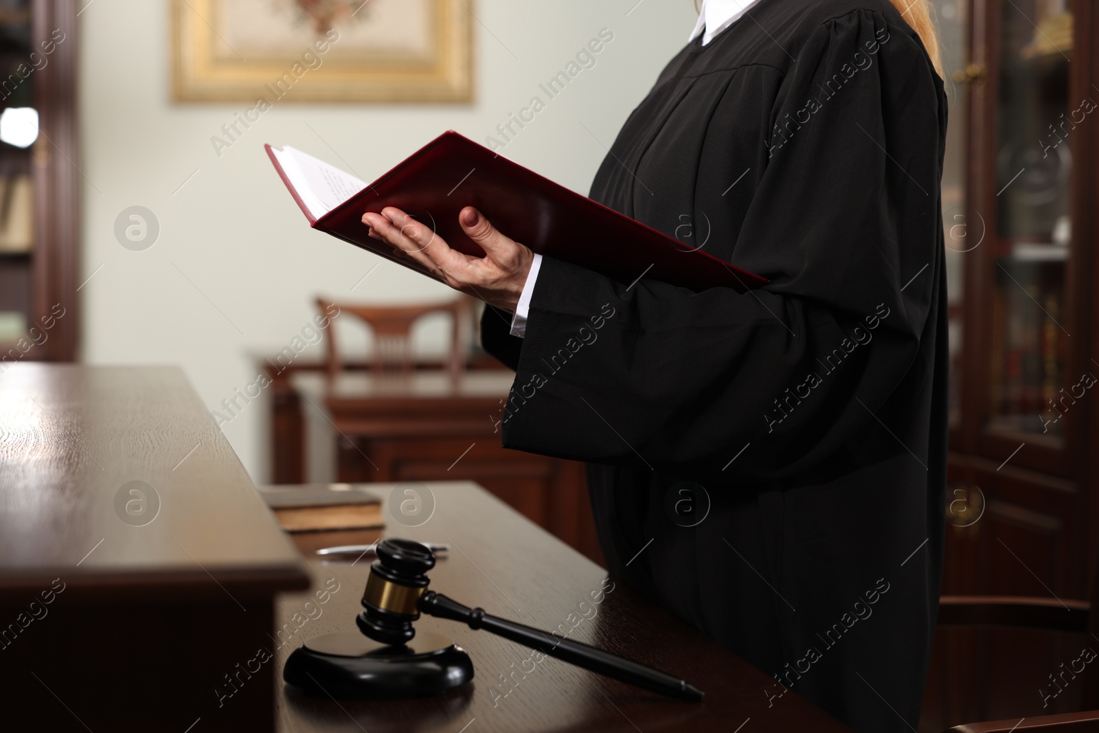 Photo of Judge with folder of documents in courtroom, closeup