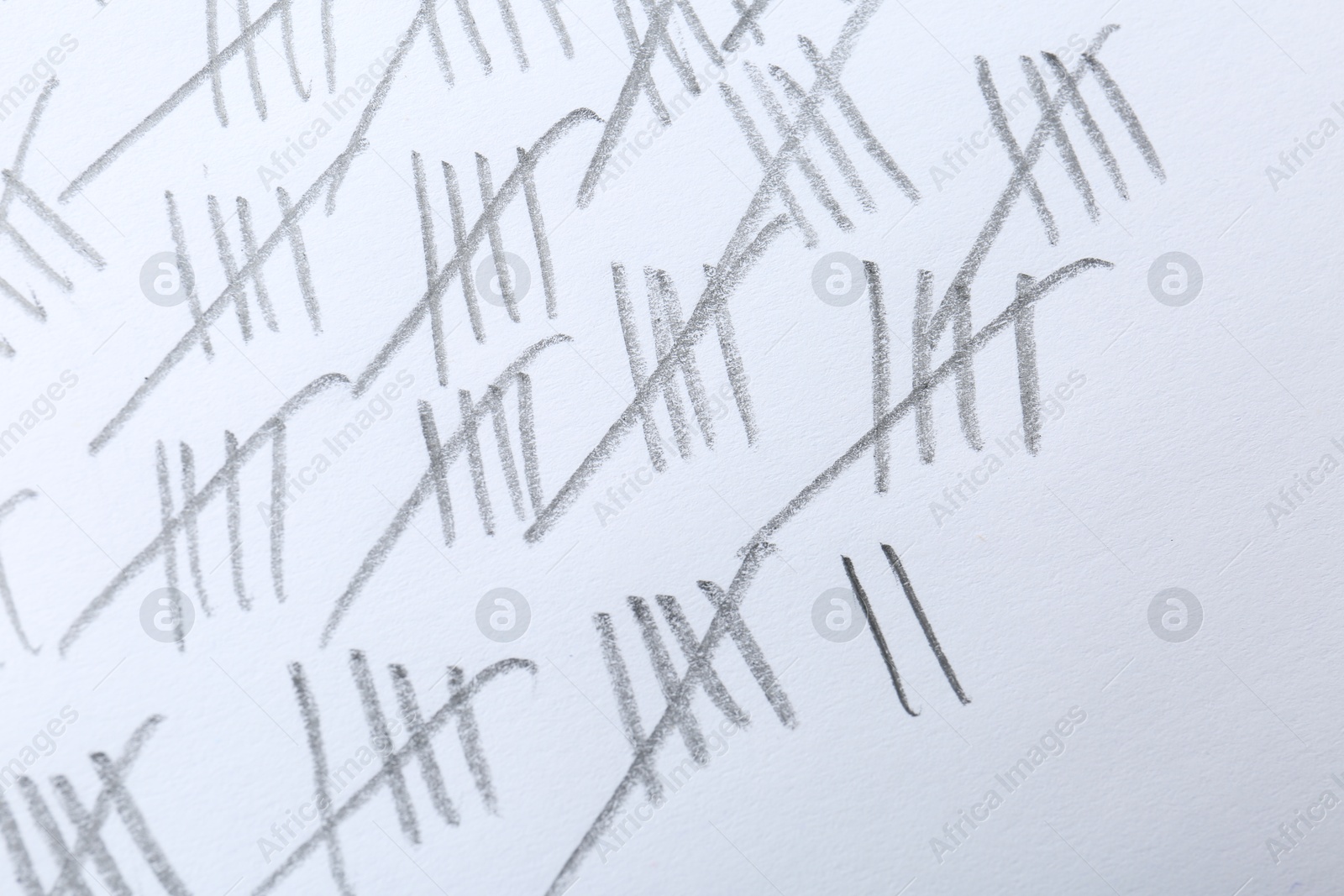 Photo of Counting days by drawing sticks with pencil on white background, closeup