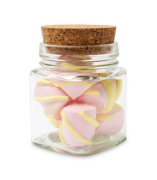 Photo of Tasty marshmallows in glass jar isolated on white