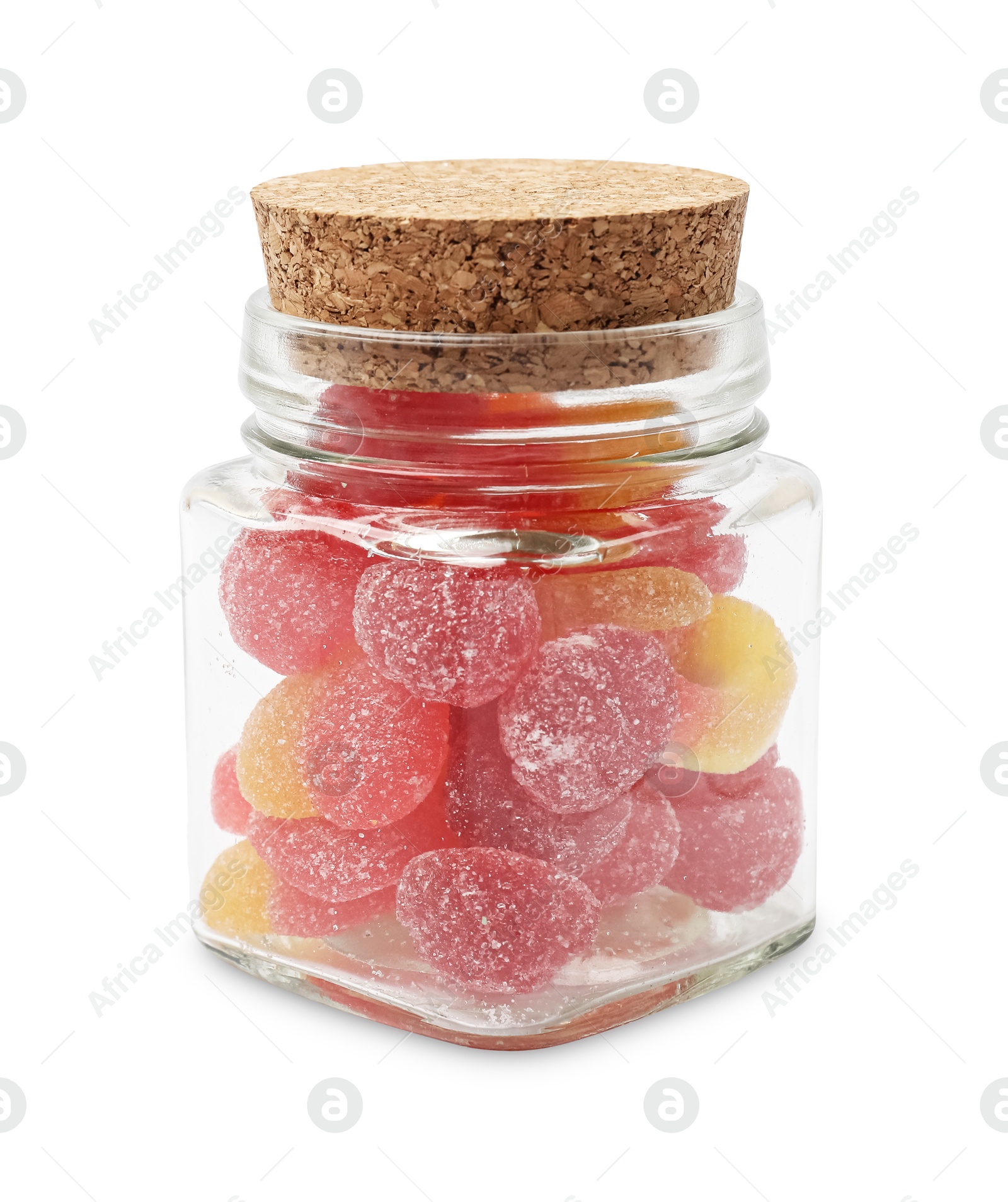 Photo of Tasty jelly candies in glass jar isolated on white