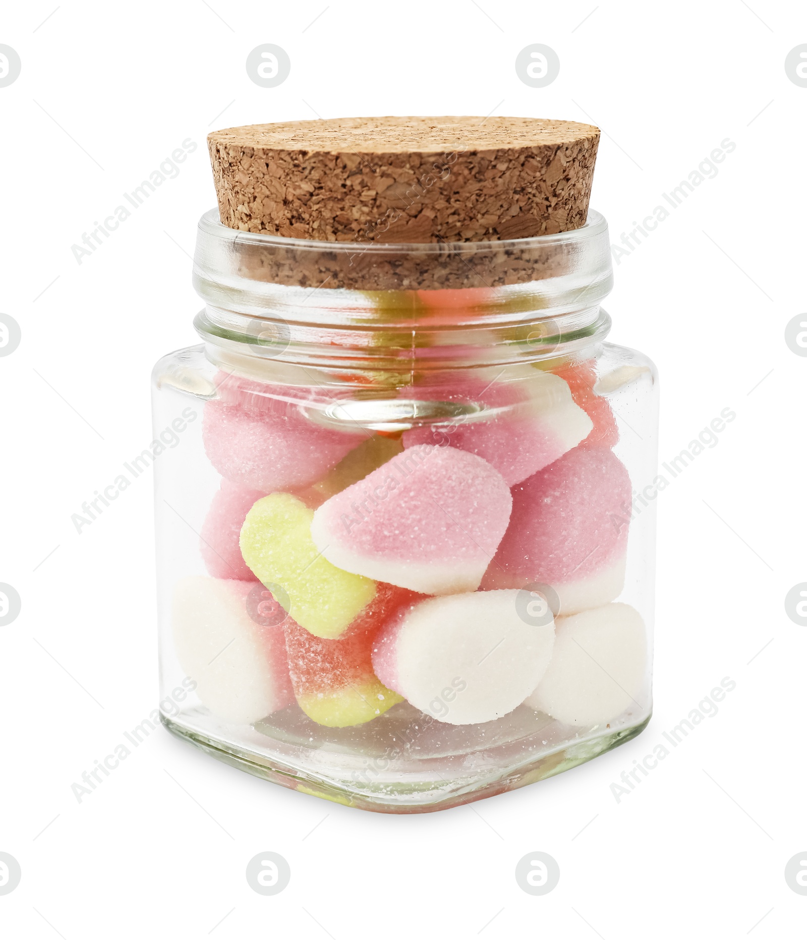 Photo of Tasty jelly candies in glass jar isolated on white