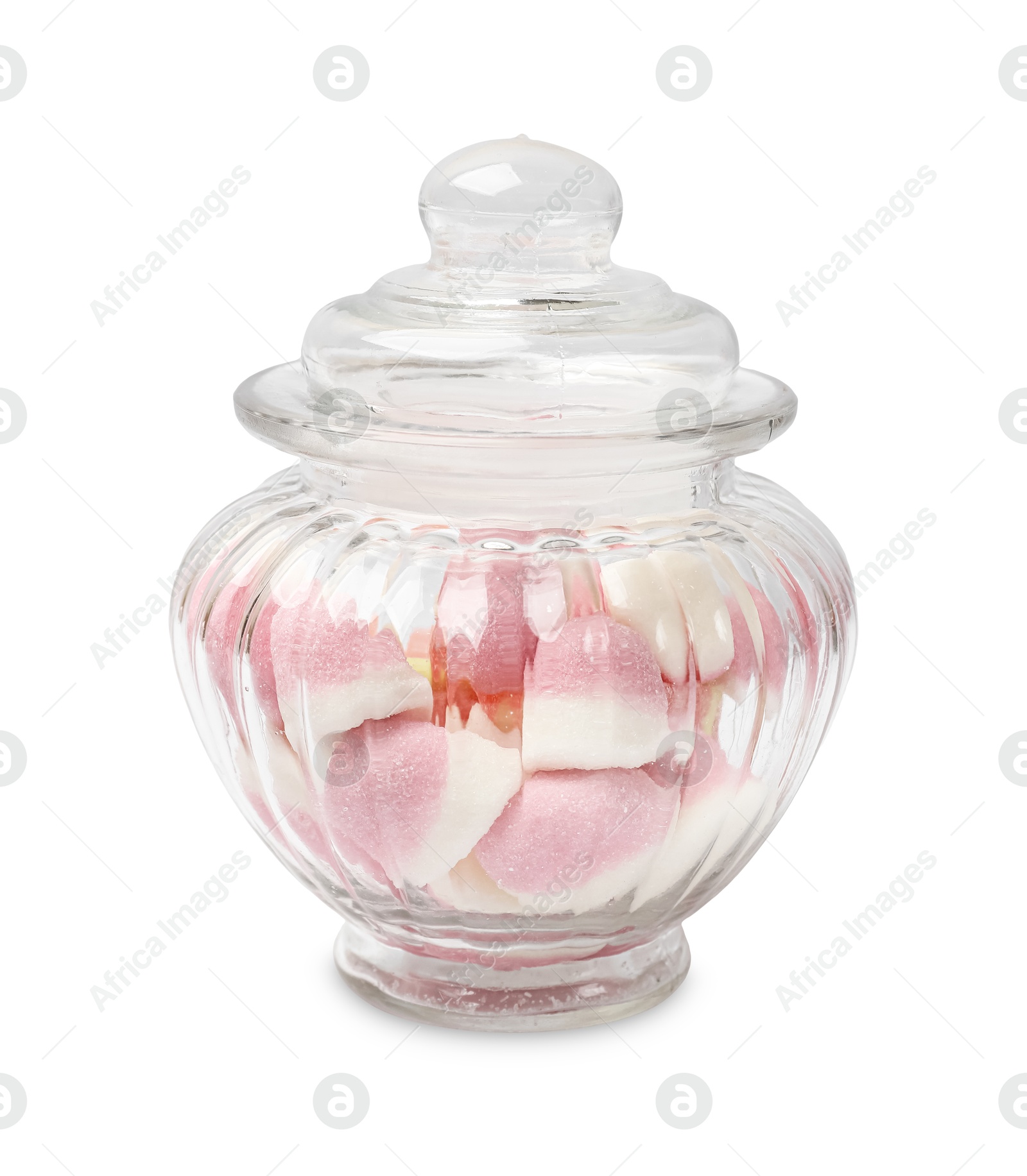 Photo of Tasty jelly candies in glass jar isolated on white