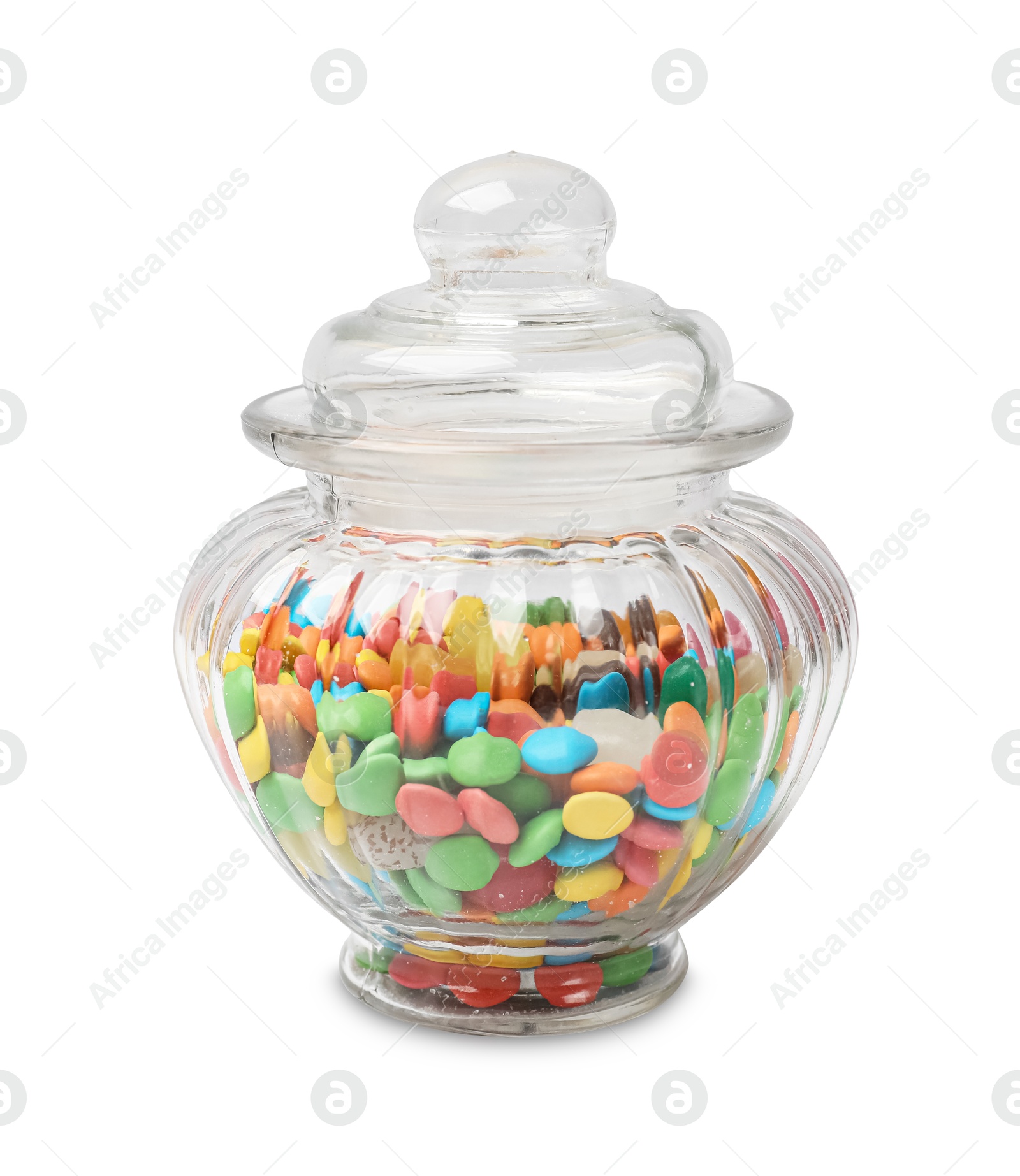 Photo of Tasty colorful candies in glass jar isolated on white