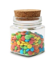 Photo of Tasty colorful candies in glass jar isolated on white