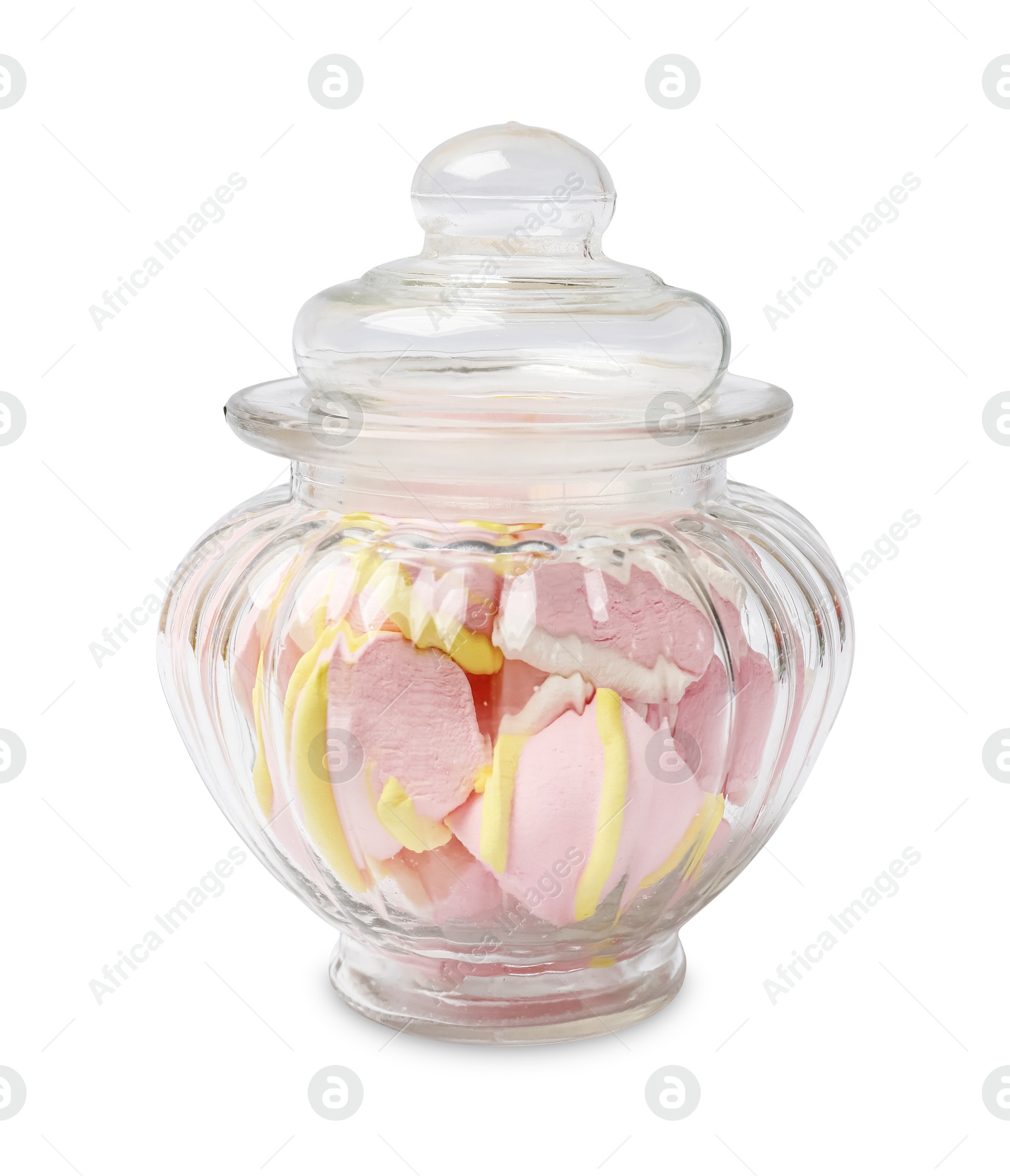 Photo of Tasty marshmallows in glass jar isolated on white