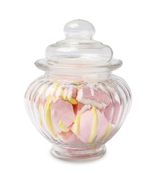 Photo of Tasty marshmallows in glass jar isolated on white