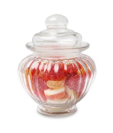 Photo of Tasty jelly candies in glass jar isolated on white