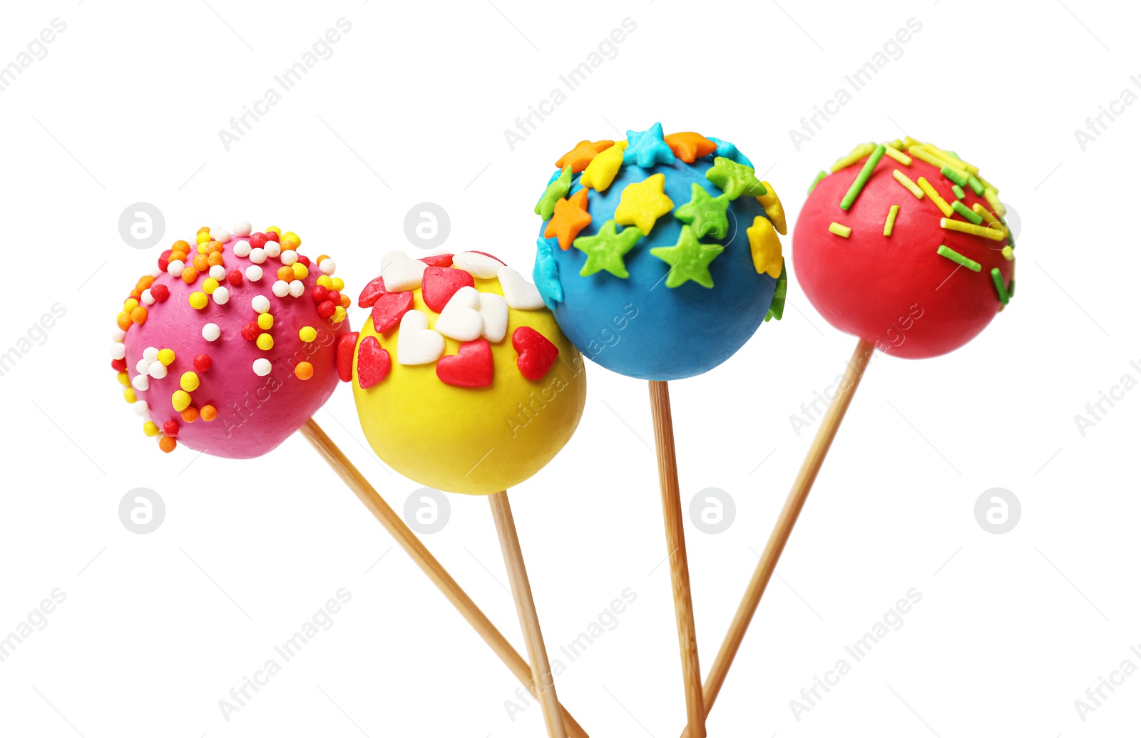 Photo of Bright cake pops with sprinkles isolated on white