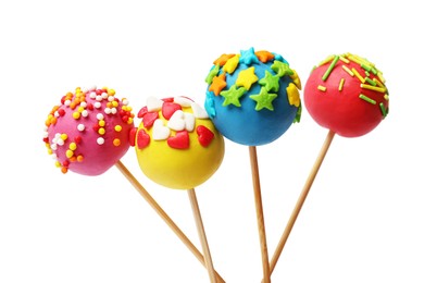 Photo of Bright cake pops with sprinkles isolated on white