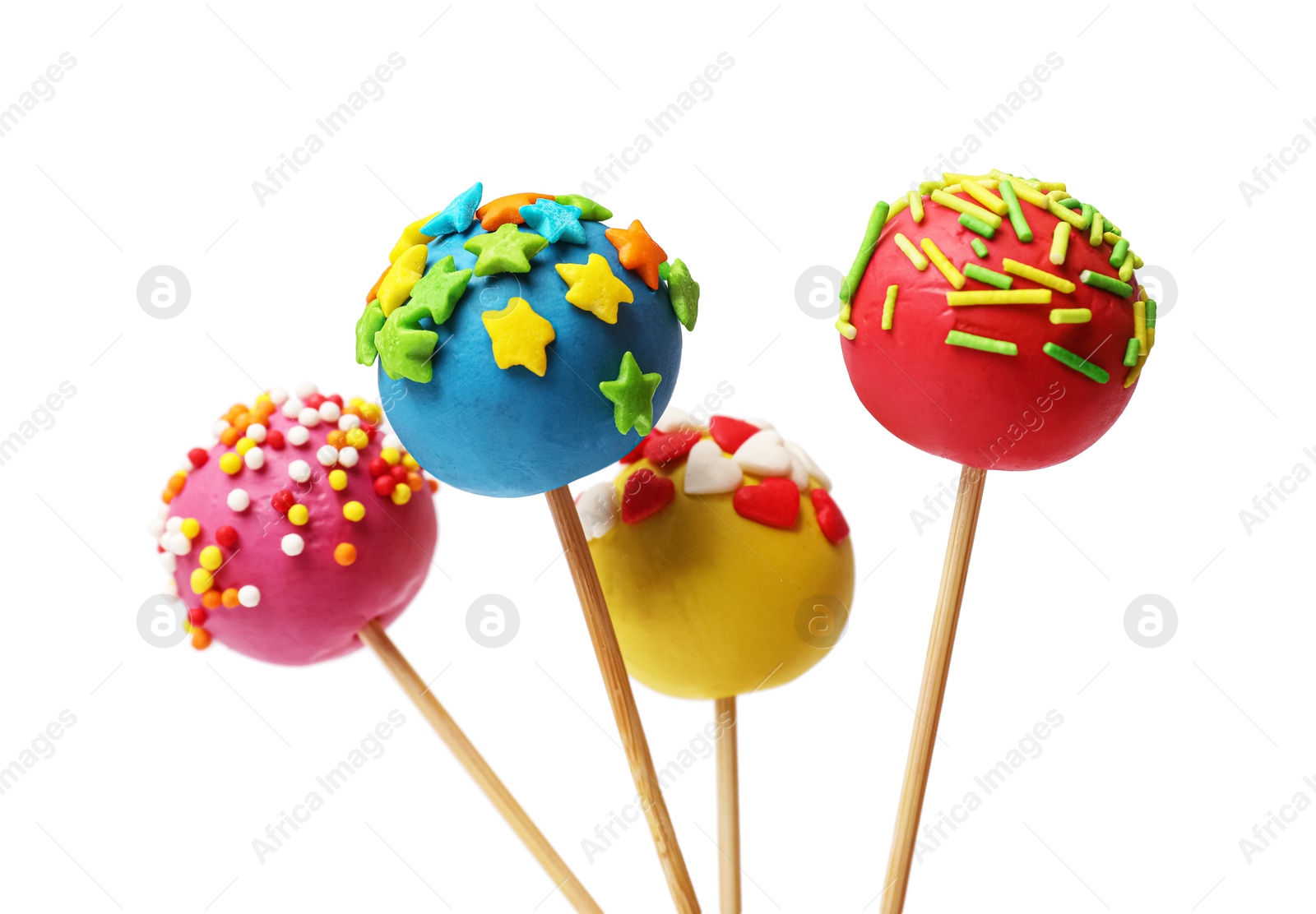 Photo of Bright cake pops with sprinkles isolated on white