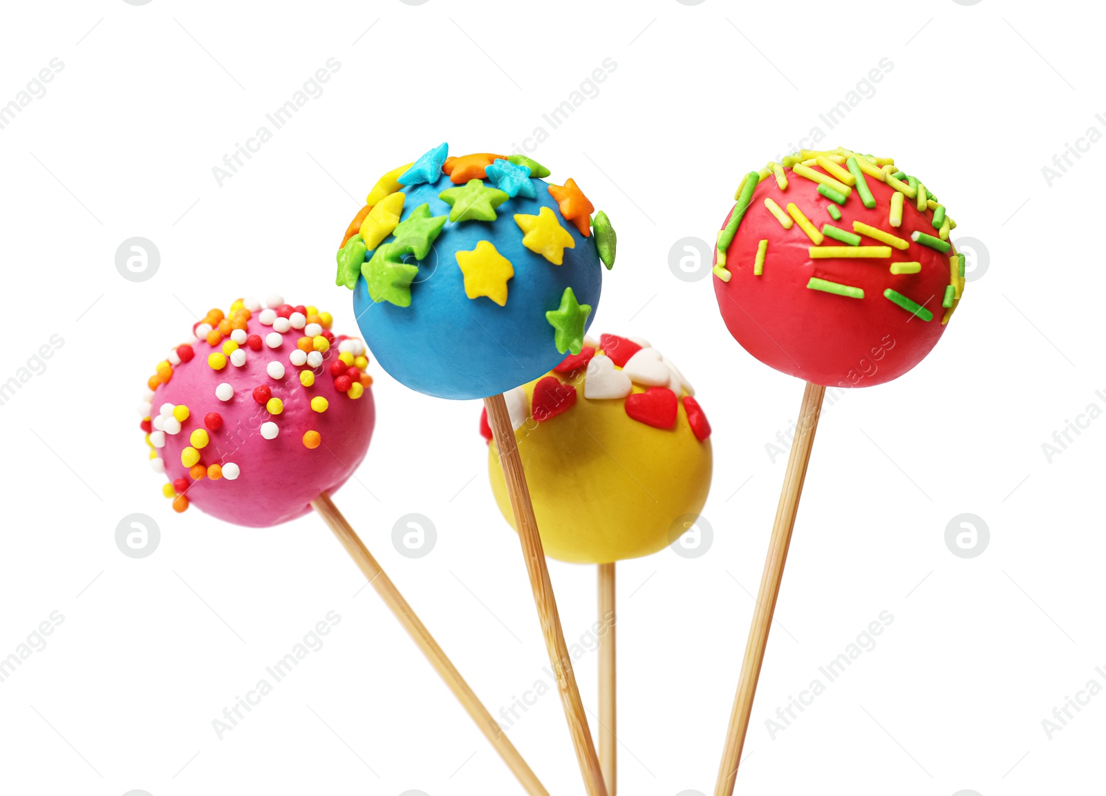 Photo of Bright cake pops with sprinkles isolated on white