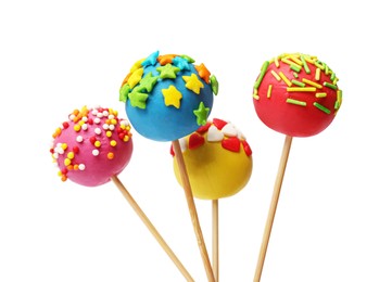 Photo of Bright cake pops with sprinkles isolated on white