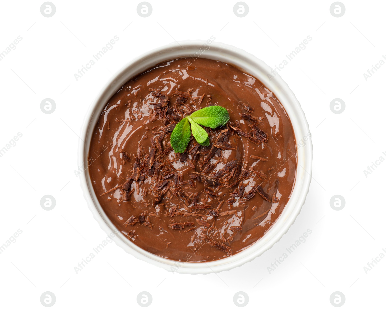 Photo of Tasty chocolate pudding in bowl isolated on white, top view