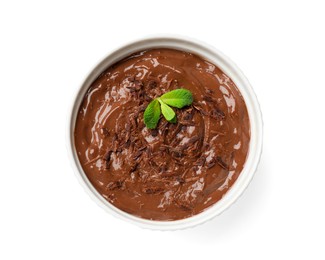 Photo of Tasty chocolate pudding in bowl isolated on white, top view