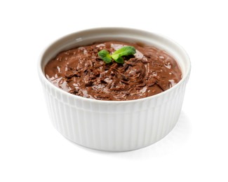 Photo of Tasty chocolate pudding in bowl isolated on white