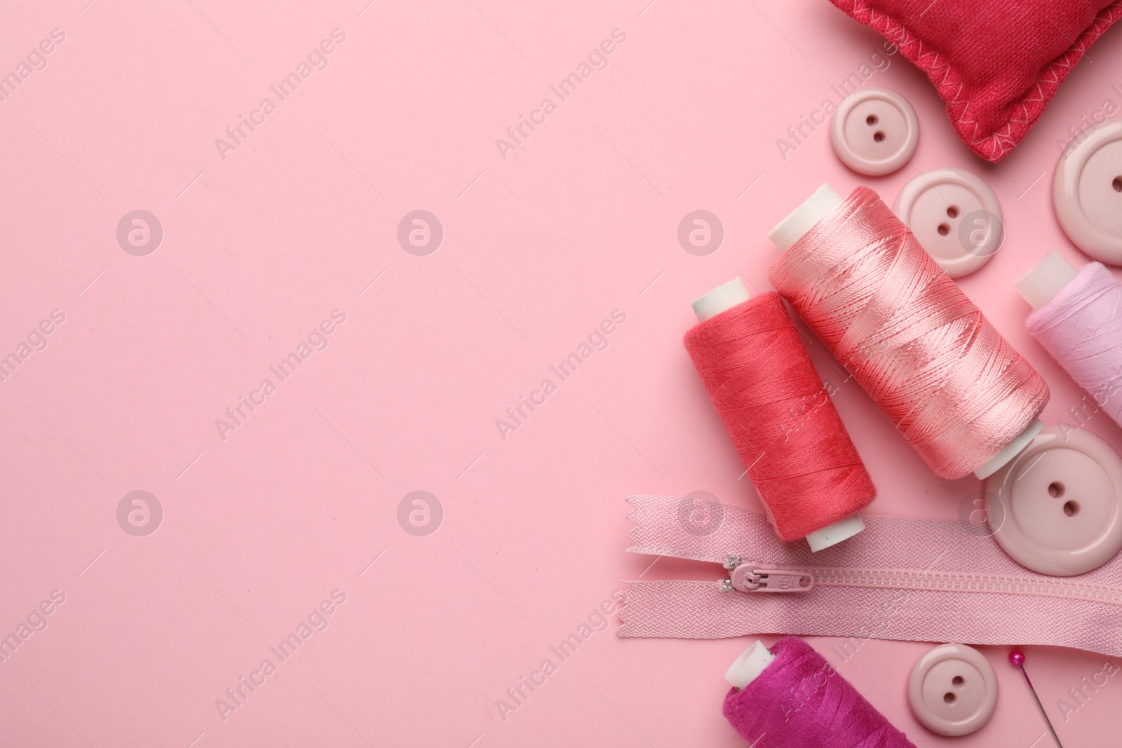 Photo of Different sewing supplies on pink background, flat lay. Space for text