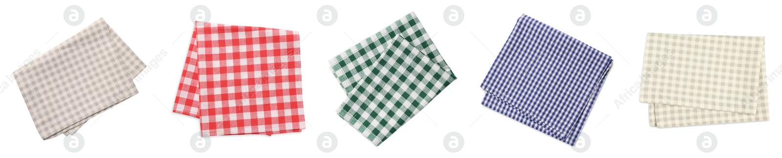 Image of Different tablecloths isolated on white, set. Top view