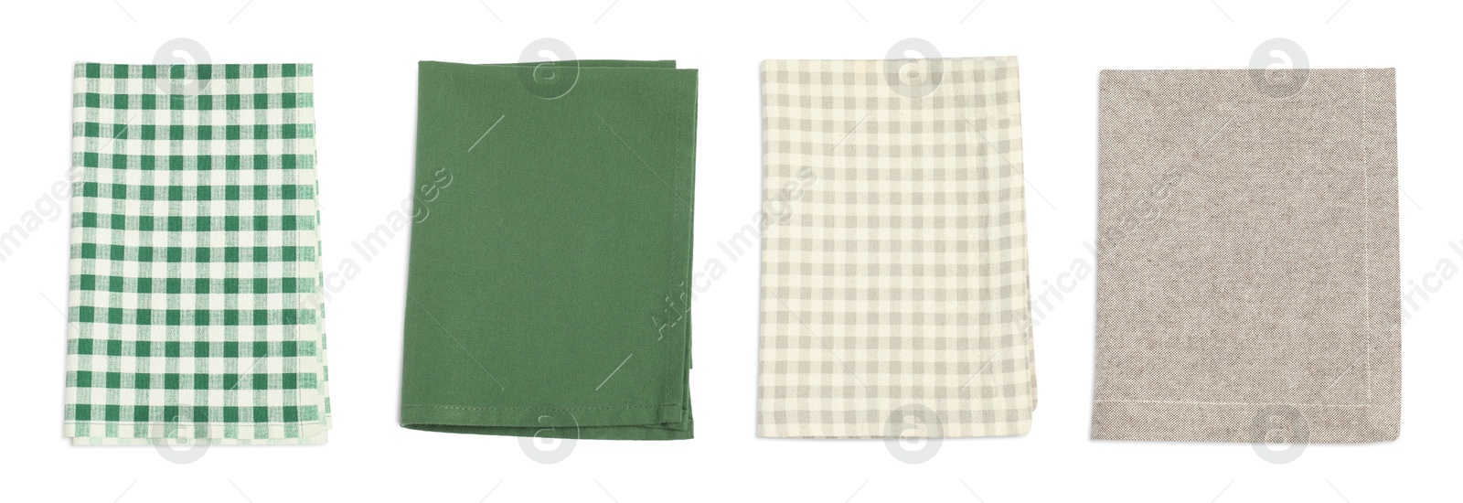 Image of Different tablecloths isolated on white, set. Top view