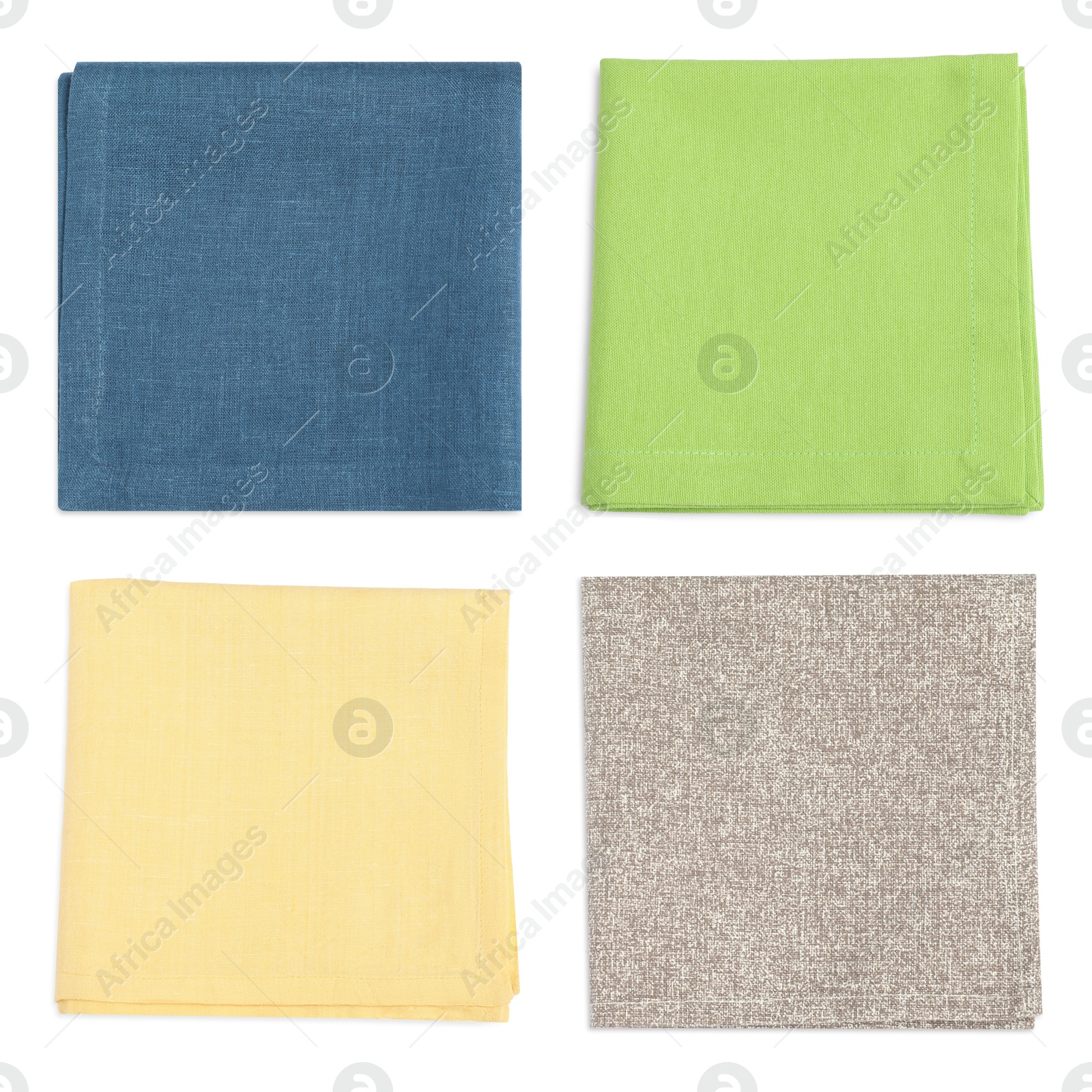 Image of Different tablecloths isolated on white, set. Top view