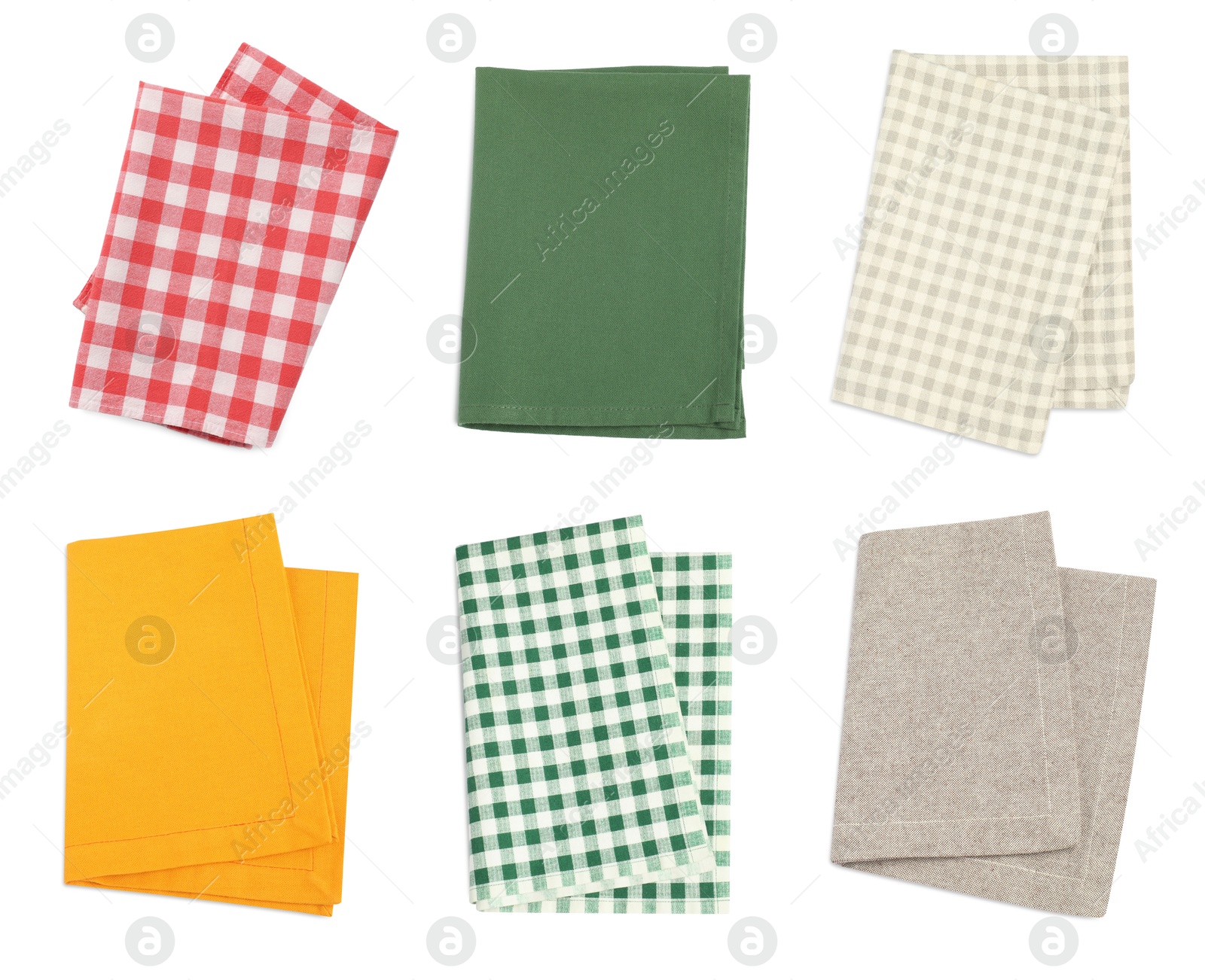 Image of Different tablecloths isolated on white, set. Top view