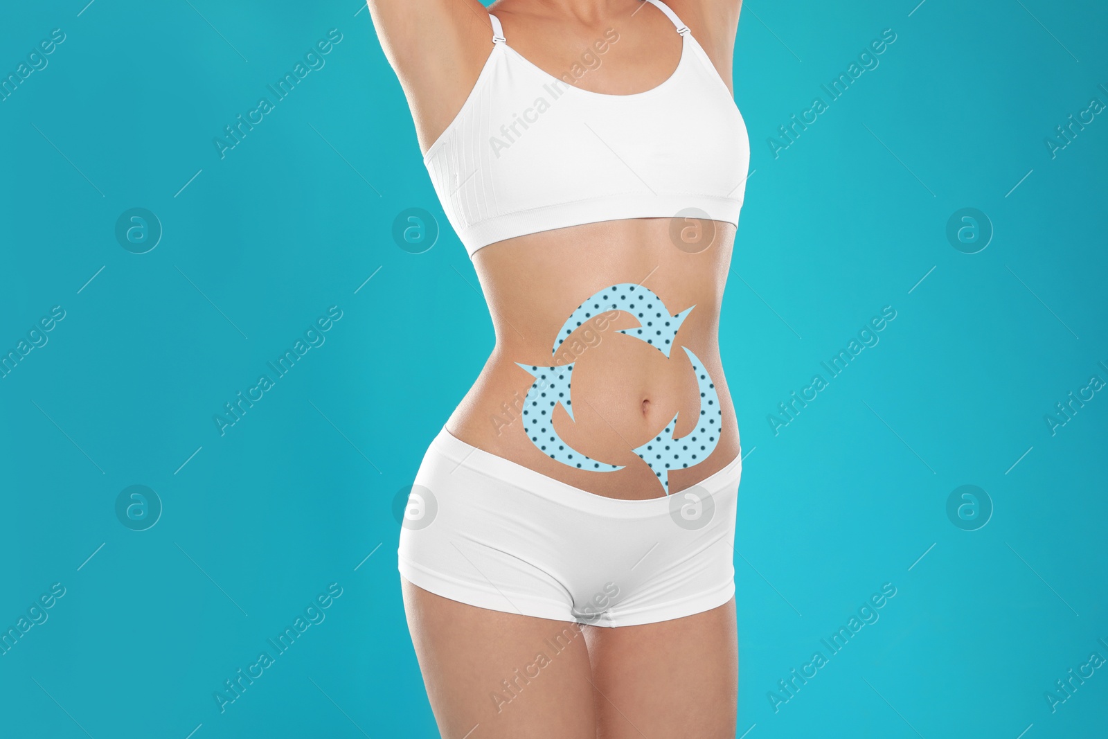 Image of Woman with healthy digestion on light blue background, closeup. Arrows symbolizing proper functioning of digestive tract