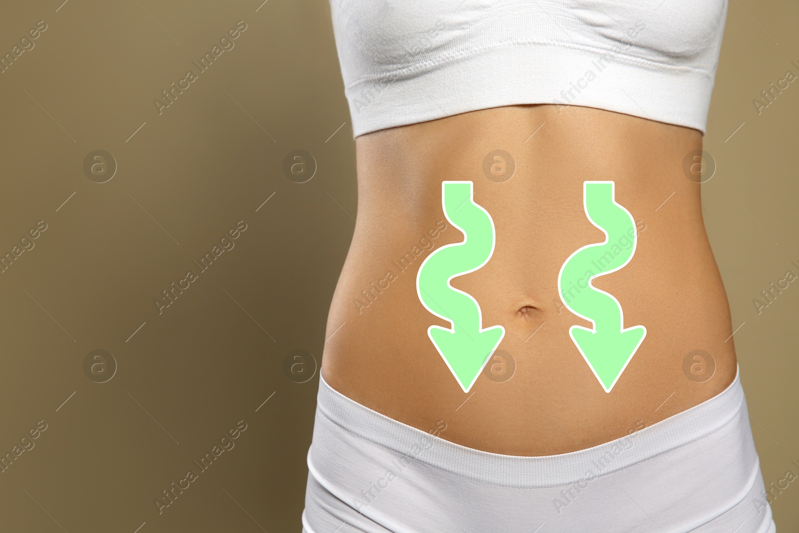 Image of Woman with healthy digestion on dark beige background, closeup. Arrows symbolizing proper functioning of digestive tract