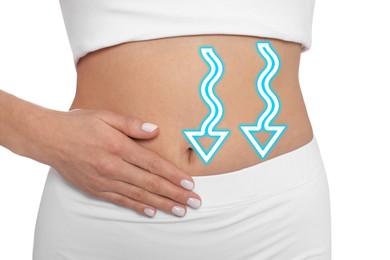 Image of Woman with healthy digestion on white background, closeup. Arrows symbolizing proper functioning of digestive tract