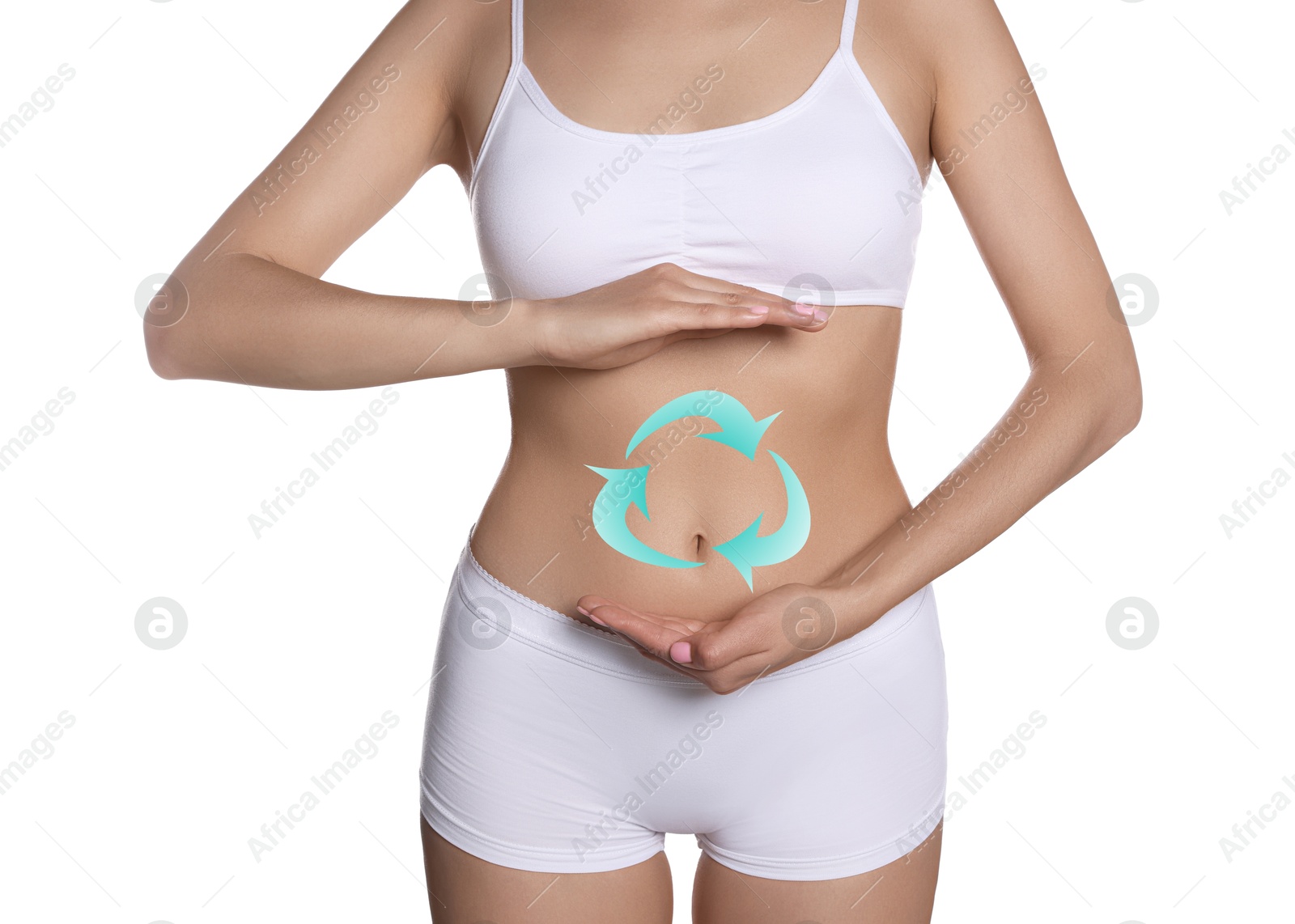 Image of Woman with healthy digestion on white background, closeup. Arrows symbolizing proper functioning of digestive tract