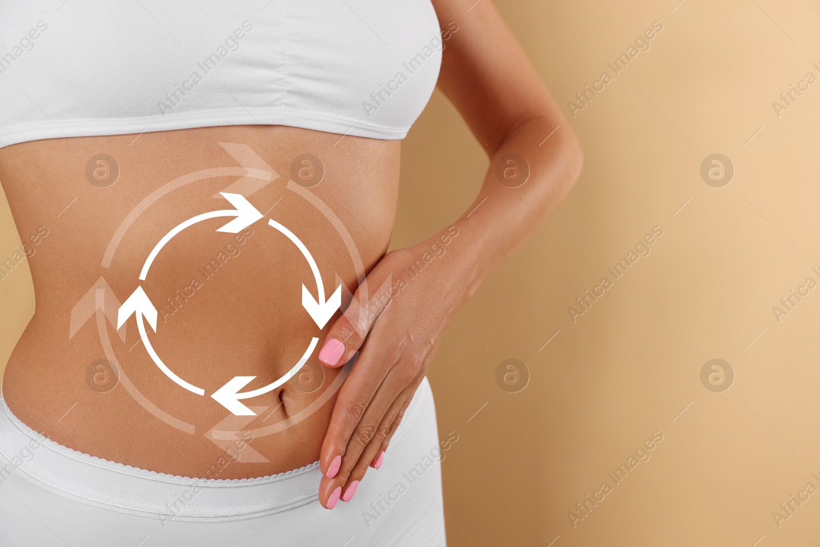 Image of Woman with healthy digestion on dark beige background, closeup. Arrows symbolizing proper functioning of digestive tract