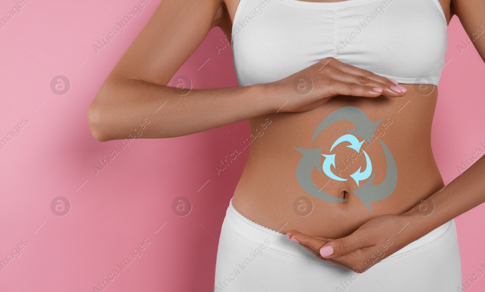 Image of Woman with healthy digestion on pink background, closeup. Arrows symbolizing proper functioning of digestive tract