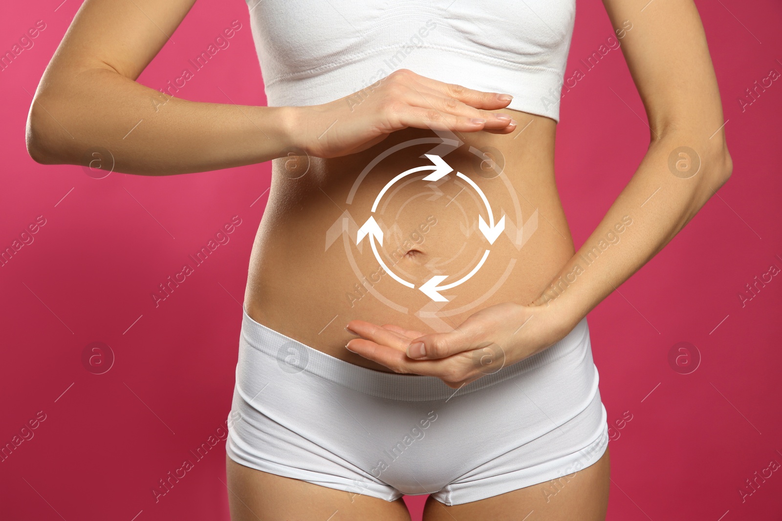 Image of Woman with healthy digestion on crimson color background, closeup. Arrows symbolizing proper functioning of digestive tract